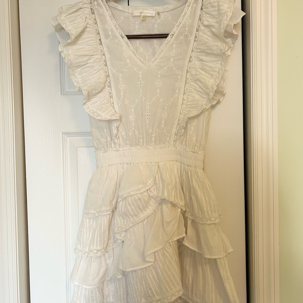 LoveShackFancy Corelli Ruffled White Cream Lace-Trimmed Dress